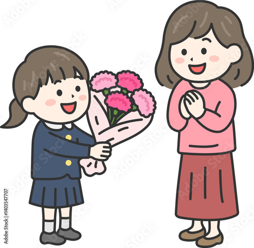 母の日に、カーネーションの花束を母親にプレゼントする、小学生の女の子（線画カラー）のイラスト
