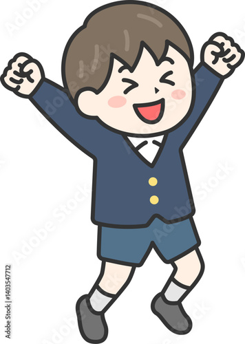 喜んで飛び跳ねる、小学生の男の子（線画カラー）のイラスト