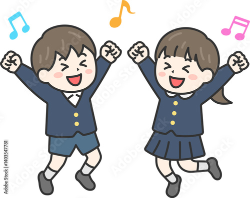 喜んで飛び跳ねる、小学生の男の子と女の子（線画カラー）のイラスト