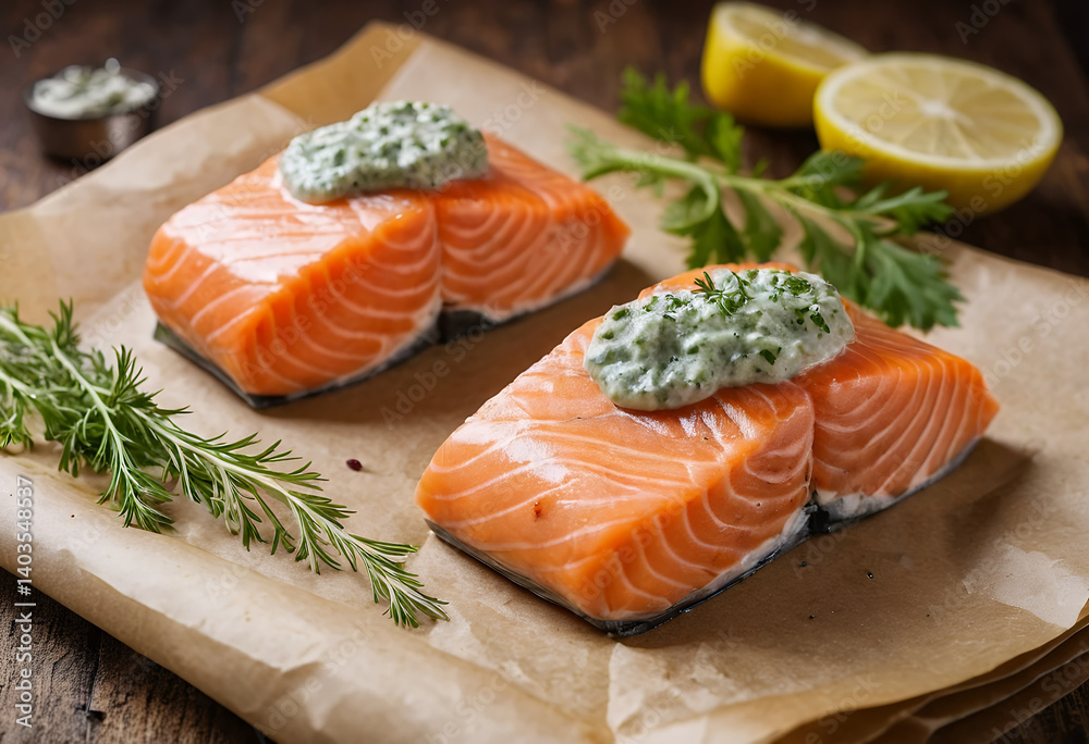 Fresh salmon fillet and steak on wooden board with lemon slices and bread, ready for a healthy gourmet meal or snack Fresh salmon fillet and steak on wooden board with lemon slices and bread, ready for a healthy gourmet meal or snack