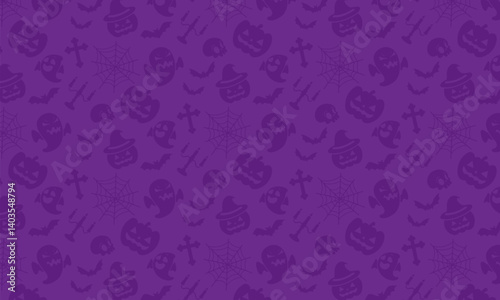 Halloween background design. Pattern designed with spider web, pumpkin, candle, ghost, bats and skull ornament icons. Purple halloween backdrop for website and banner designs. Suitable for printing.