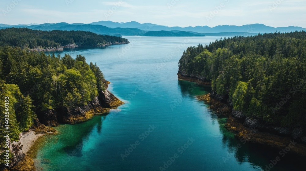 Aerial view of serene coastal inlet, mountains background, nature tourism Aerial view of serene coastal inlet, mountains background, nature tourism