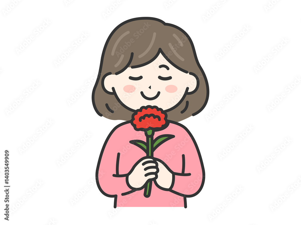 母の日に、カーネーションをプレゼントされた、女性(線画カラー)のイラスト 母の日に、カーネーションをプレゼントされた、女性(線画カラー)のイラスト