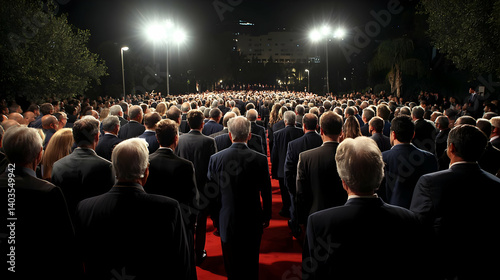 Large Crowd of People Walking on a Red Carpet at a Night Event with Bright Overhead Lighting