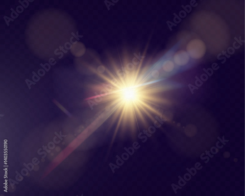 Abstract glowing starburst light with golden rays on dark purple background, creating a soft, radiant, and dynamic effect. Perfect for designs, backdrops, or visual themes.
