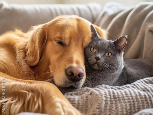 Wallpaper Mural Affectionate Golden Retriever and Grey Cat Cuddling on a Couch. Torontodigital.ca