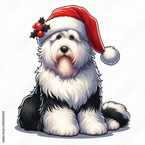 Christmas Old English Sheepdog Dog wearing santa claus hat Cartoon Vector Illustration isolated