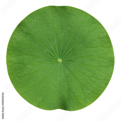 large, round green leaf with smooth surface and visible veins, showcasing droplets of water, symbolizes nature beauty and tranquility