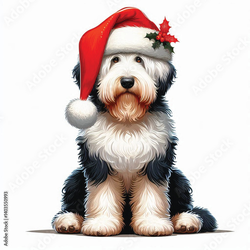 Christmas Old English Sheepdog Dog wearing santa claus hat Cartoon Vector Illustration isolated