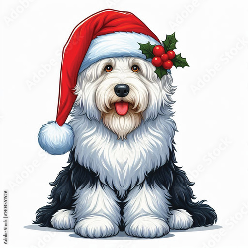 Christmas Old English Sheepdog Dog wearing santa claus hat Cartoon Vector Illustration isolated