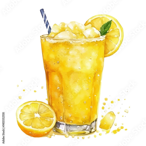Lemonade Slushie With Ice Crystals, watercolor vector, isolated on a white background.