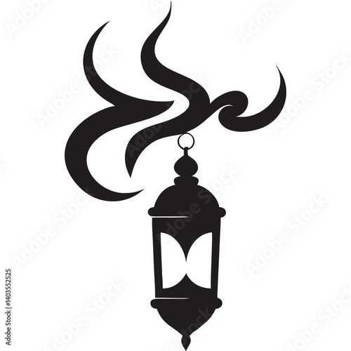 An elegant Ramadan lantern gracefully suspended from flowing calligraphy, a symbol of faith and hope in bold black silhouette.