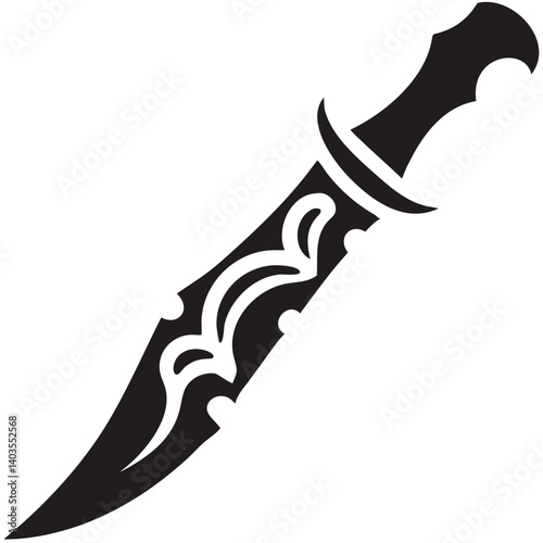 An ornate tribal dagger, a symbol of ancient power and strength, sharply rendered in bold black silhouette against a clean white background.