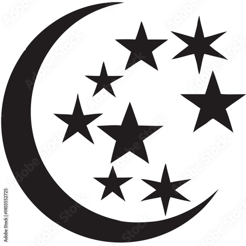 A crescent moon gently cradles twinkling stars in a serene night sky, a simple black and white design.