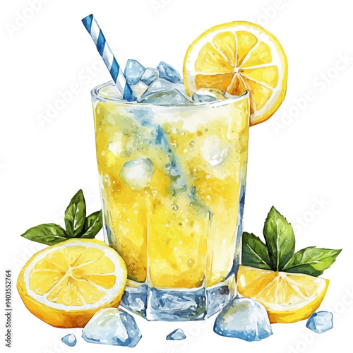 Lemonade Slushie With Ice Crystals, watercolor vector, isolated on a white background.