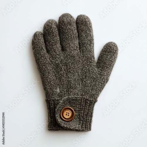 Dark grey wool glove with textured knit and wood button laid flat on clean light surface