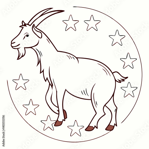 A majestic goat stands serenely amidst a constellation of stars, a celestial scene of grace and quiet strength, outlined in elegant brown against a white backdrop.