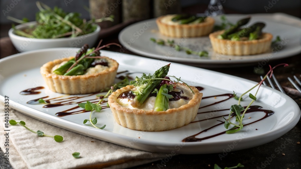Mini asparagus tarts on white plate with balsamic glaze Mini asparagus tarts on white plate with balsamic glaze