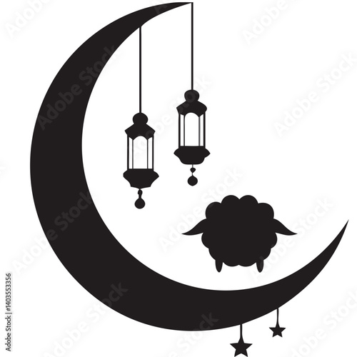 A serene crescent moon gently cradles a peaceful lamb, illuminated by hanging lanterns, celebrating Eid al-Adha's blessed night in a simple, elegant silhouette.