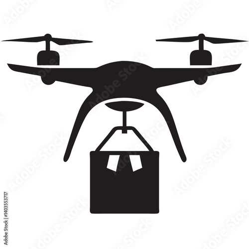 Drone delivering a package, a symbol of swift and efficient delivery service in bold black silhouette.