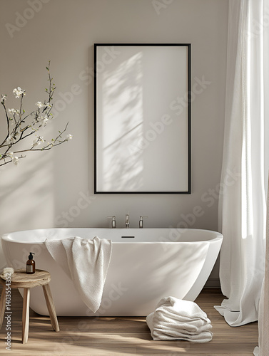 bathroom with a modern bathtub framed blank poster