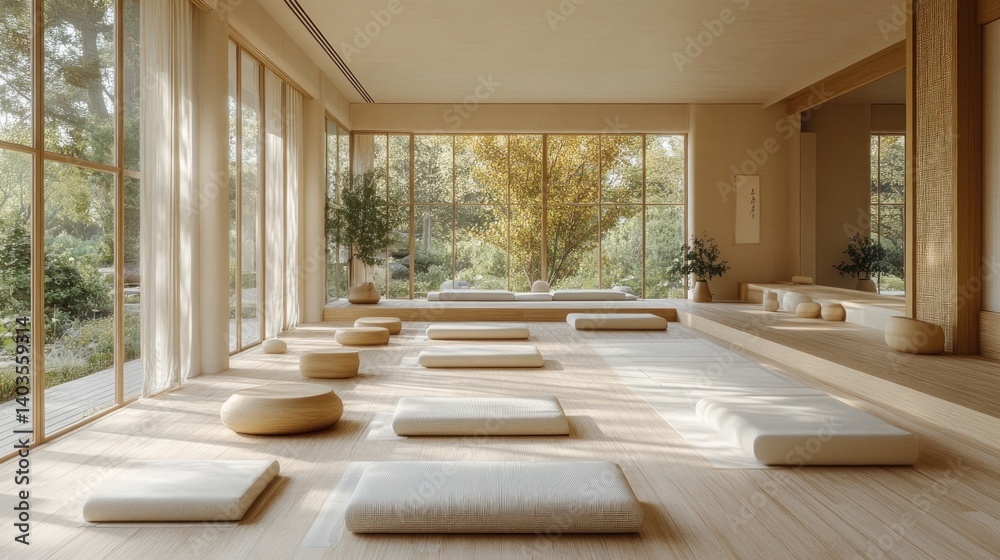 Obraz premium Serene Minimalist Yoga Studio Design: Tranquil Space for Inner Peace