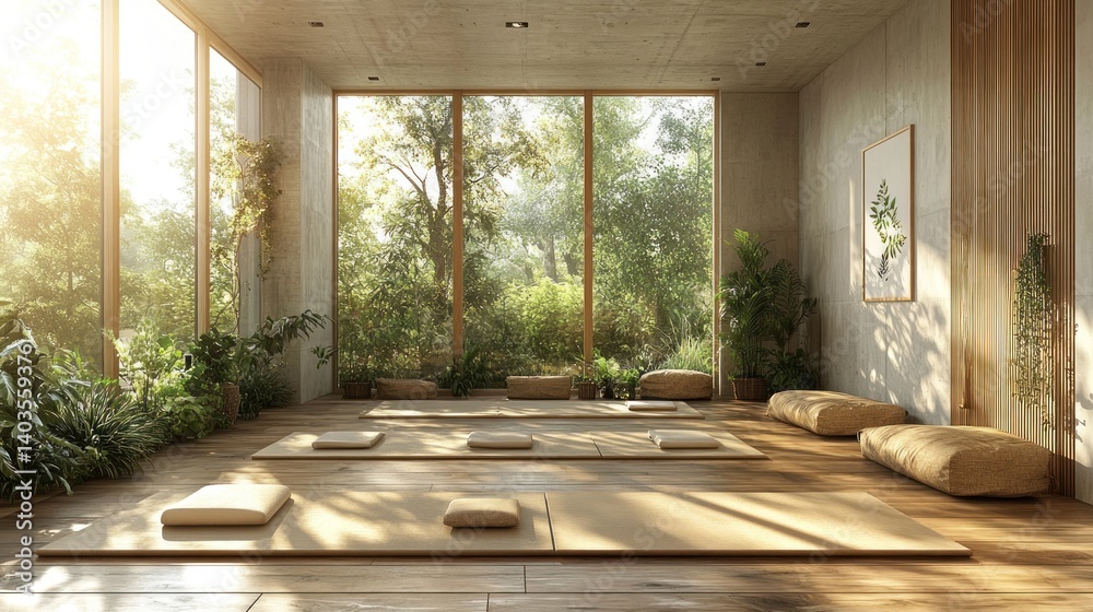 Obraz premium Serene Yoga Studio: Sunlight Streaming Through Large Windows, Illuminating Wooden Floor and Mats, Creating a Peaceful Atmosphere for Meditation and Mindfulness.