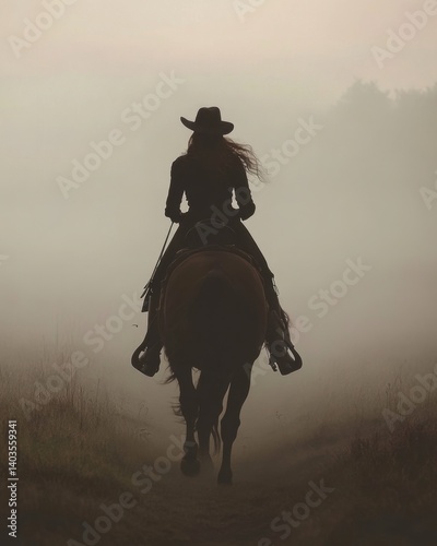 Cowgirl silhouette riding a horse into the misty landscape with dramatic fog and western atmosphere
