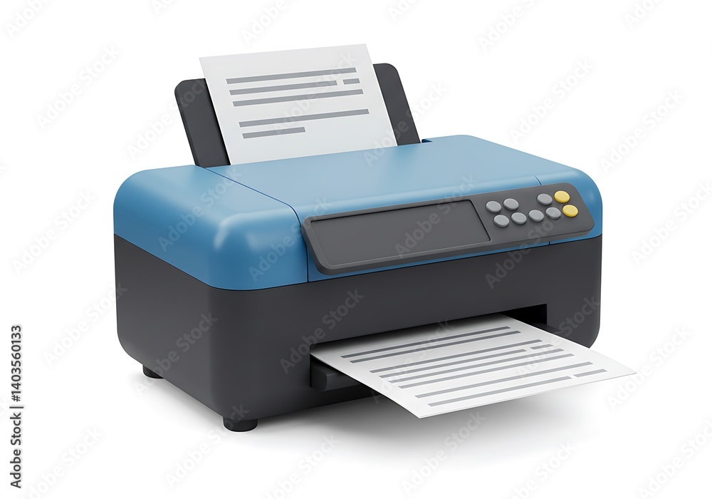 3D Blue printer with paper output on white background 3D Blue printer with paper output on white background