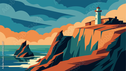 The rugged beauty of the cliff and the stoic presence of the lighthouse create a harmonious and picturesque scene.