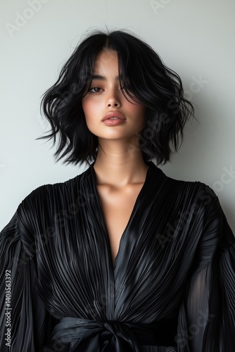 A medium shot of a European-Asian model with a captivating presence, their expressive eyes and natural smile exuding a mix of elegance and confidence, dressed in a sleek, modern outfit