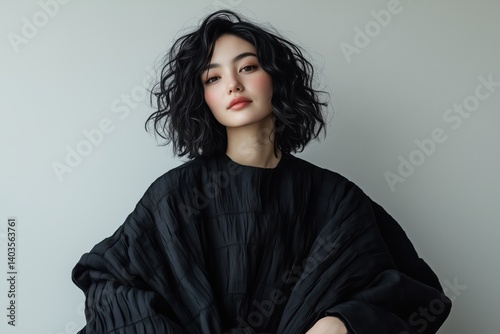 A medium shot of a European-Asian model with a captivating presence, their expressive eyes and natural smile exuding a mix of elegance and confidence, dressed in a sleek, modern outfit