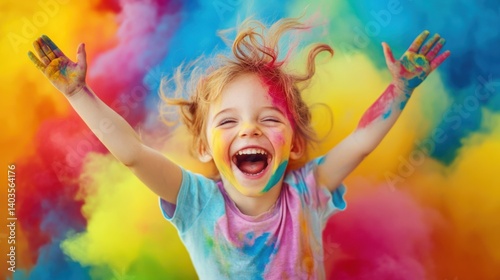 Joyful young girl covered in colorful powder with arms raised during a playful Holi festival moment
