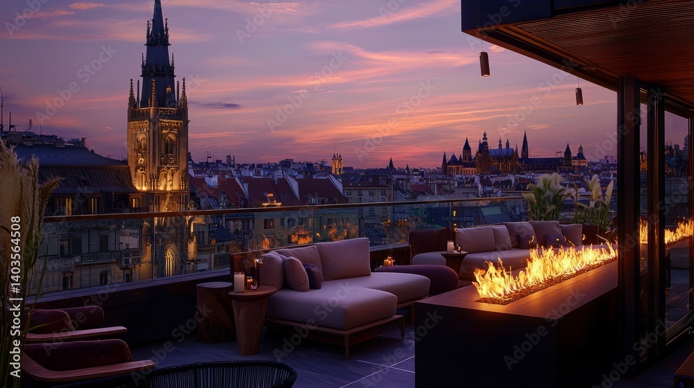 Fototapeta premium Chic European Luxury Travel Lounge with Scenic City Views at Dusk