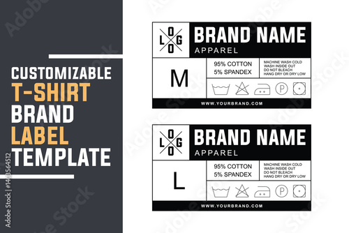 Customizable Unisex T-Shirt Label Design Template with Size, Fabric Content, and Wash Instructions