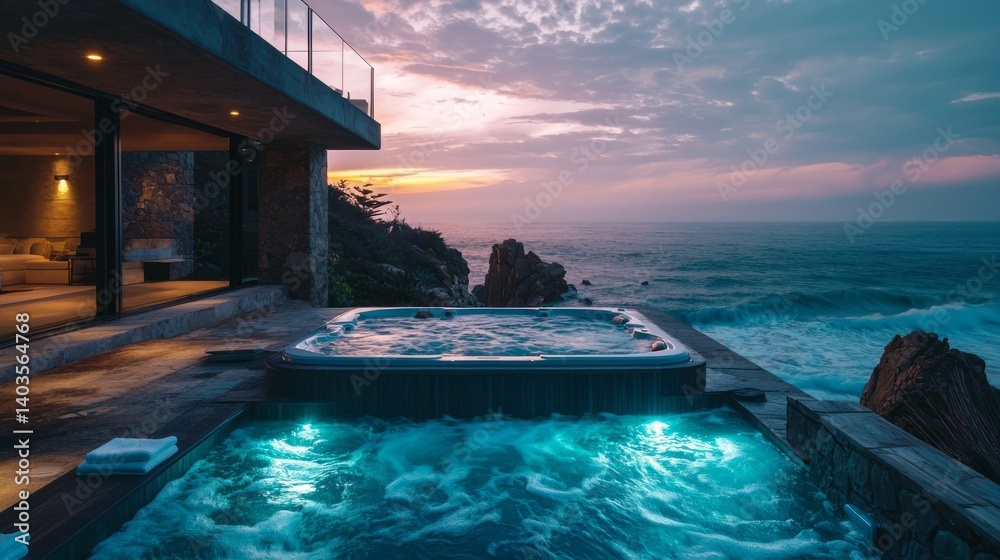Obraz premium Luxury Cliffside Jacuzzi Retreat Overlooking Serene Ocean Views
