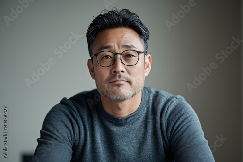 A medium shot of an Asian man in casual business attire, sitting naturally with a slight lean forward, his face filled with determination and passion, hands resting on a laptop or notebook