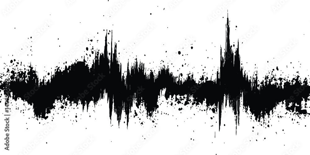 Vector black grunge soundwave with ink splatter effect white background. Black ink splatter grunge design element, transparent background, vector illustration, Vector black grunge soundwave with ink splatter effect white background. Black ink splatter grunge design element, transparent background, vector illustration,