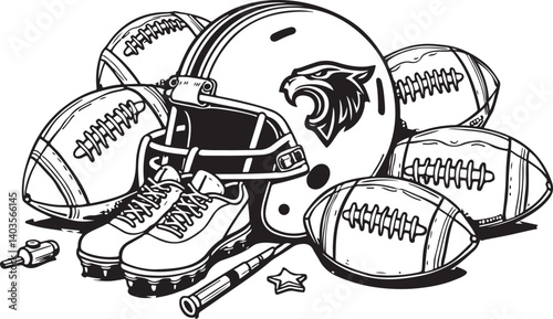 American Football Gear Illustration with Stars

Monochrome Football Helmet, Shoes, and Equipment

Grunge Style American Football Vector Art