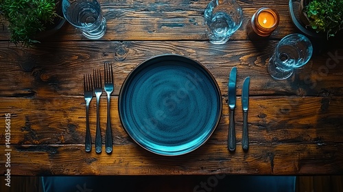 Rustic Table Setting: Elegant Dinner Place Setting with Teal Plate on Wooden Table