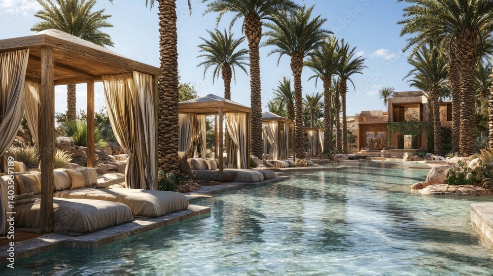 Fototapeta premium Relaxing Oasis with Luxurious Cabins by a Tranquil Pool