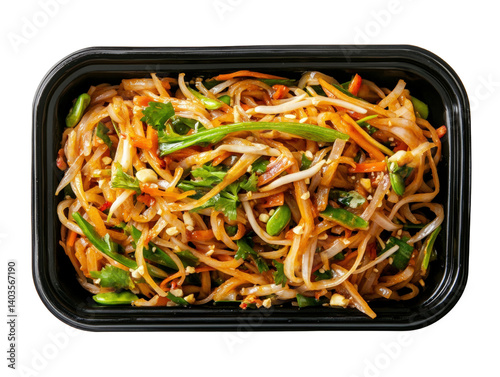 Delicious container of stir-fried vegetable noodles presenting a colorful mix of fresh ingredients and culinary delight isolated on a white background.