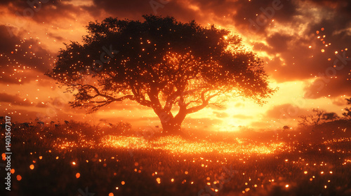 Fiery sunset illuminates a solitary tree in a field of light. photo