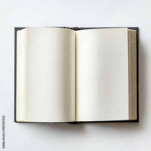 Simple top view of an open blank book with creamy white pages on a clean background
