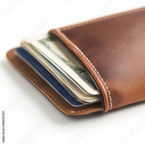 Close-up of brown leather minimalist wallet holding credit cards and cash on white background

