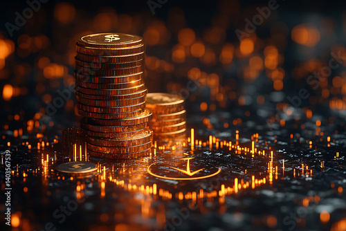 Digital Finance Stacks Of Coins On Tech Background Represents Modern Economy