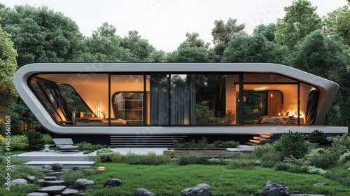 Modern, curved glass house in a lush green forest setting at dusk.