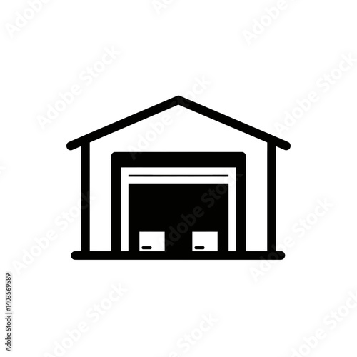 Warehouse Icon: A clean, modern monochrome illustration of a warehouse or storage facility, suitable for representing logistics, distribution, and inventory.