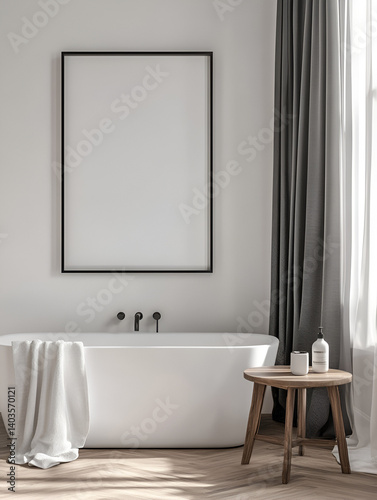 bathroom with a modern bathtub framed blank poster
