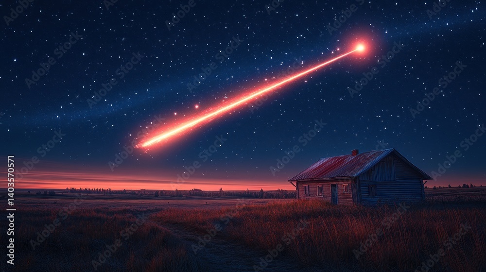 Bright meteor streaks across night sky over rural house. Bright meteor streaks across night sky over rural house.